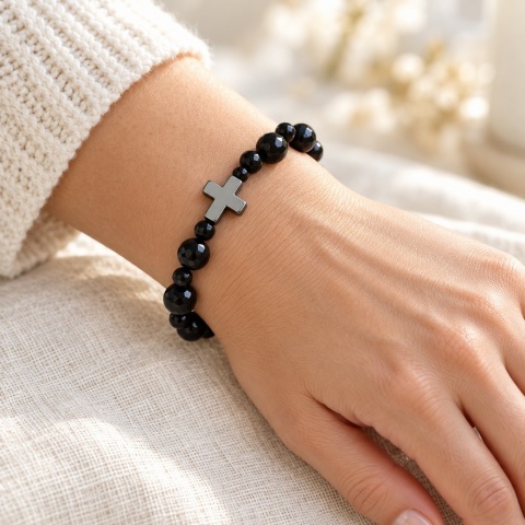 Różaniec na rękę - damski - black stone